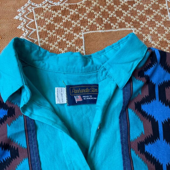 Vintage Panhandle Slim Western Shirt – Turquoise Aztec Print | SZ M | USA Made - Picture 1 of 6